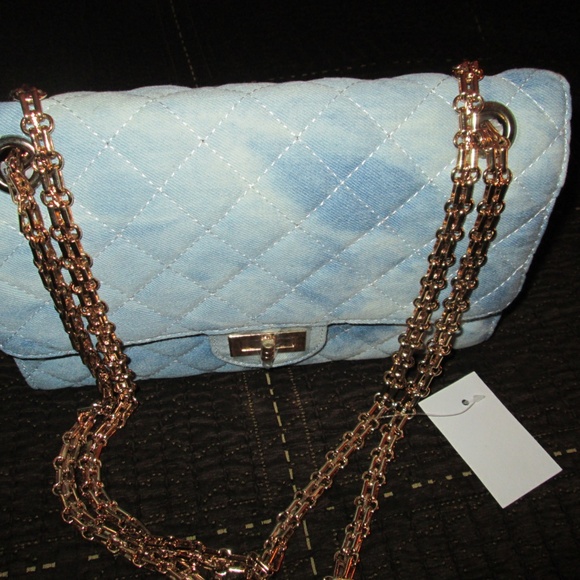 **Designer Fashion Blue Jeans Quilted Denim Diamond Clutch Purse**